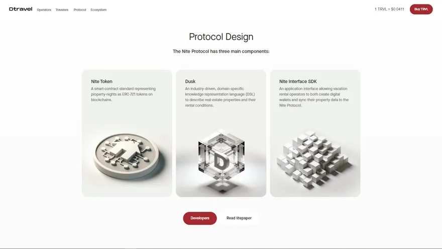 Dtravel protocol design section showing Nite Token, Dusk, and Nite Interface SDK cards