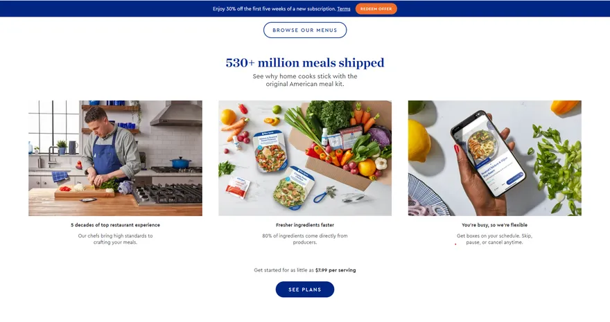 Blue Apron marketing sections highlighting 530+ million meals shipped