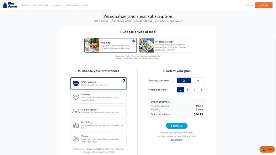 Blue Apron product experience page