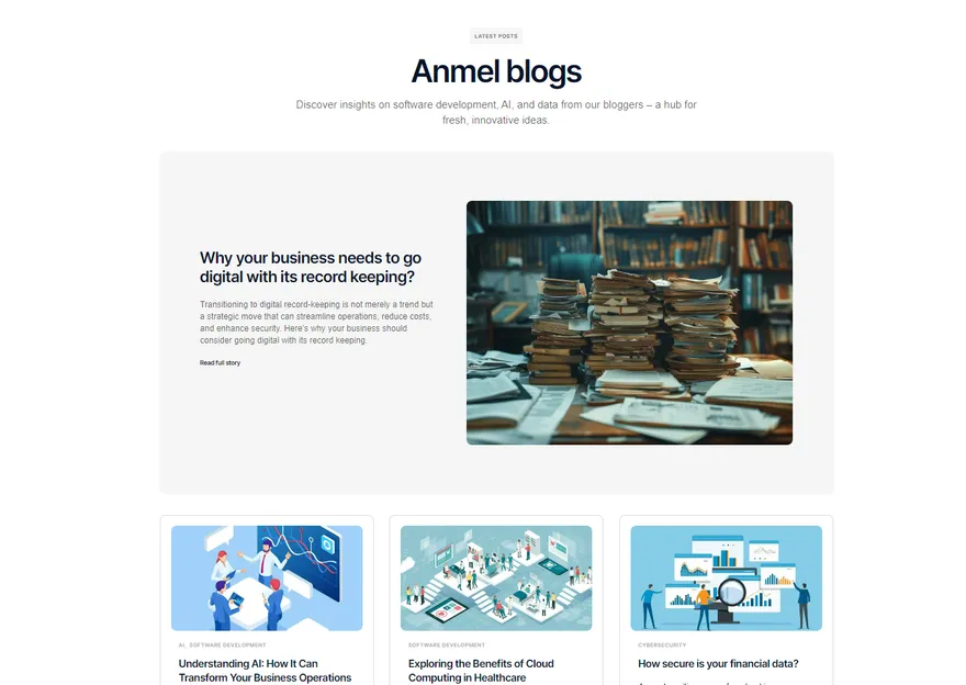 Anmel blog hub with featured story and category cards